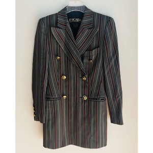 Vintage ESCADA Margaretha Ley Double Breasted Wool Blazer 34 Black Gray Stripe
